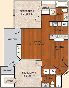 B - Sunrise - Two Bedroom / Two Bath - 850 Sq. Ft.*